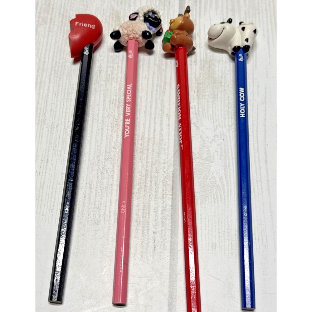 Vintage Lot Of 4 1980s RUSS Pencils with toppers Cow Reindeer Best Friend Lamb